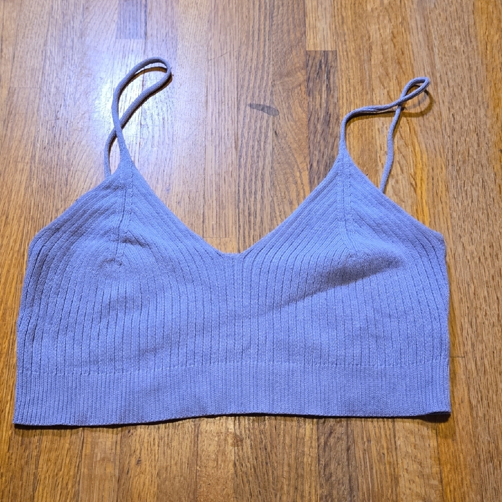 Women Small Lilac Purple Ribbed Knit Spaghetti Strap V-Neck Cropped‎ Bralette